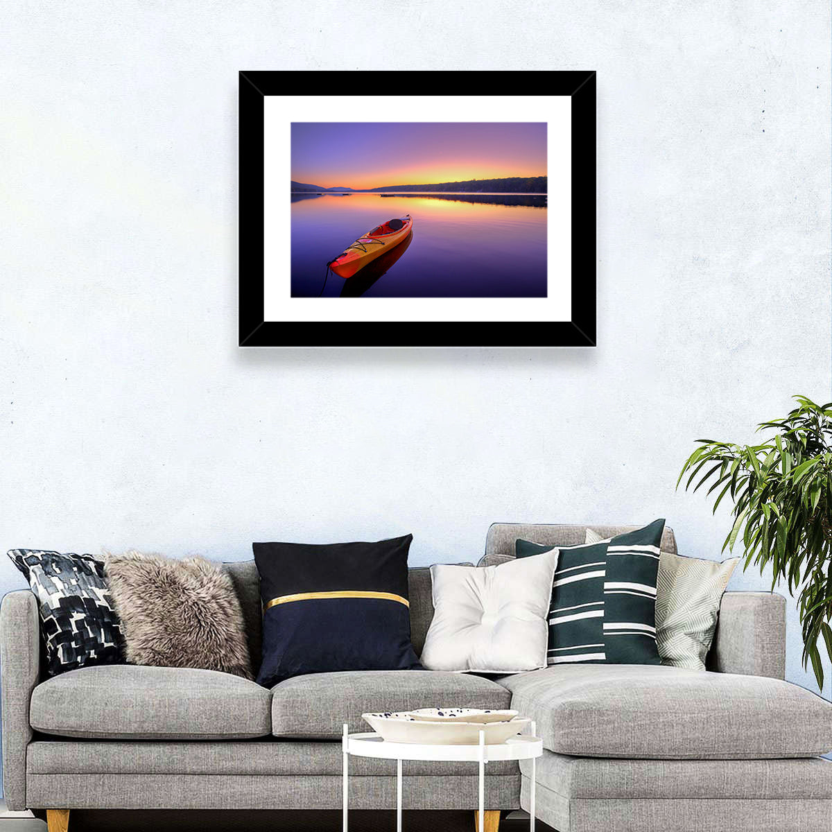 Bright Orange Kayak at Sunset Wall Art in a room, landscape