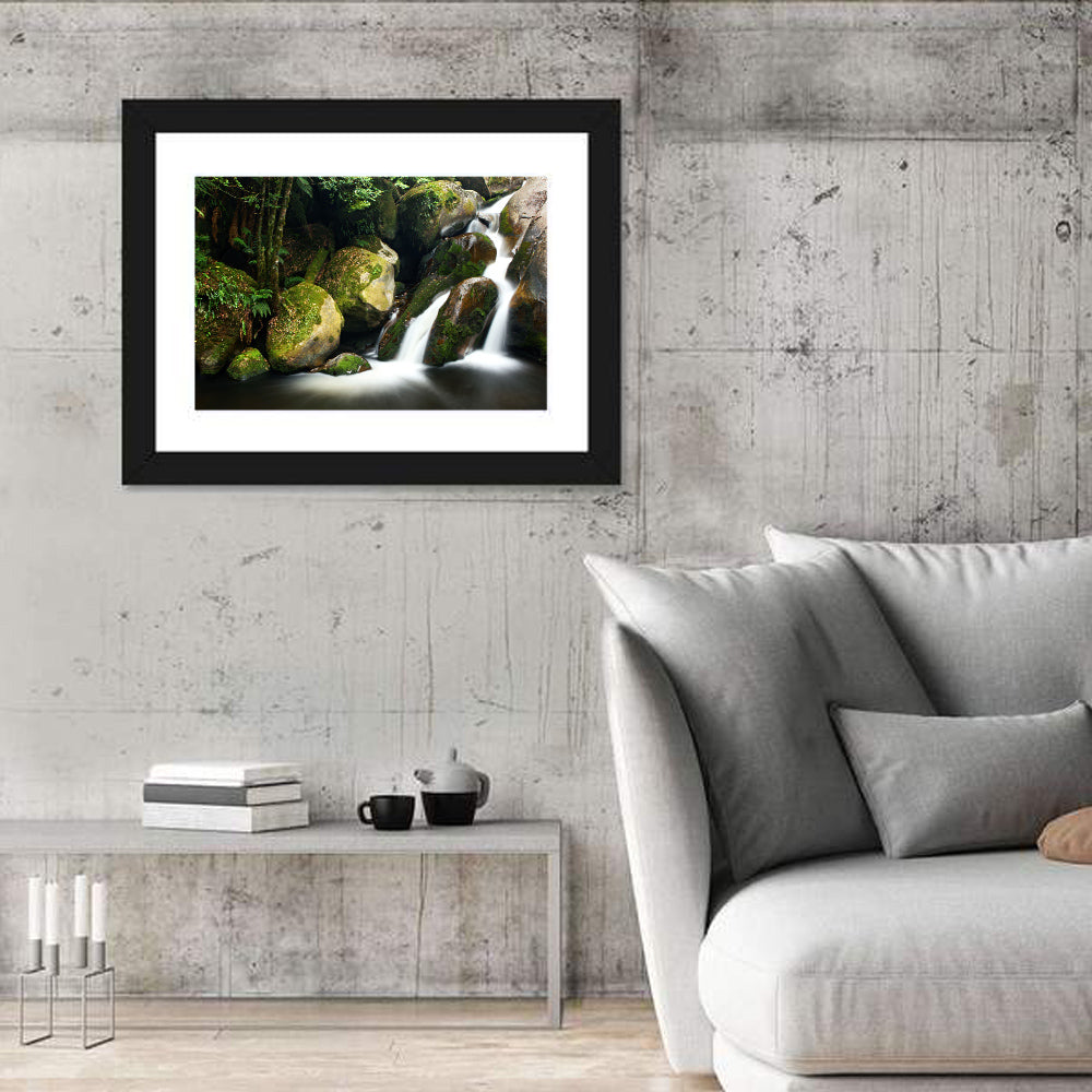 Rainforest Waterfall with Moss Covered Boulders Wall Art