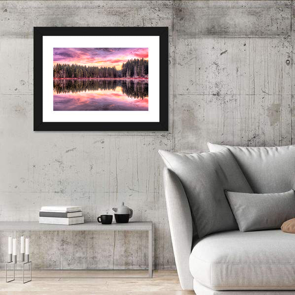 Sunrise Reflection at Forest Lake Wall Art in a room, landscape