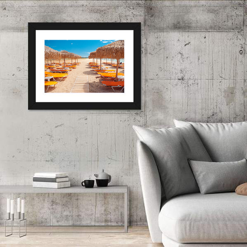 Beach Boardwalk with Orange Loungers Wall Art in a room, landscape