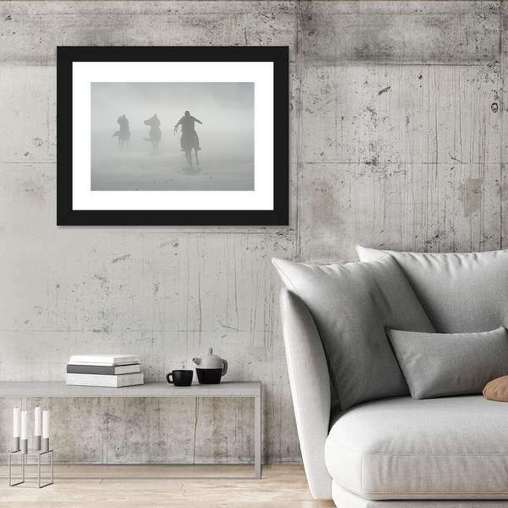 Silhouetted Horse Riders in Mist Wall Art