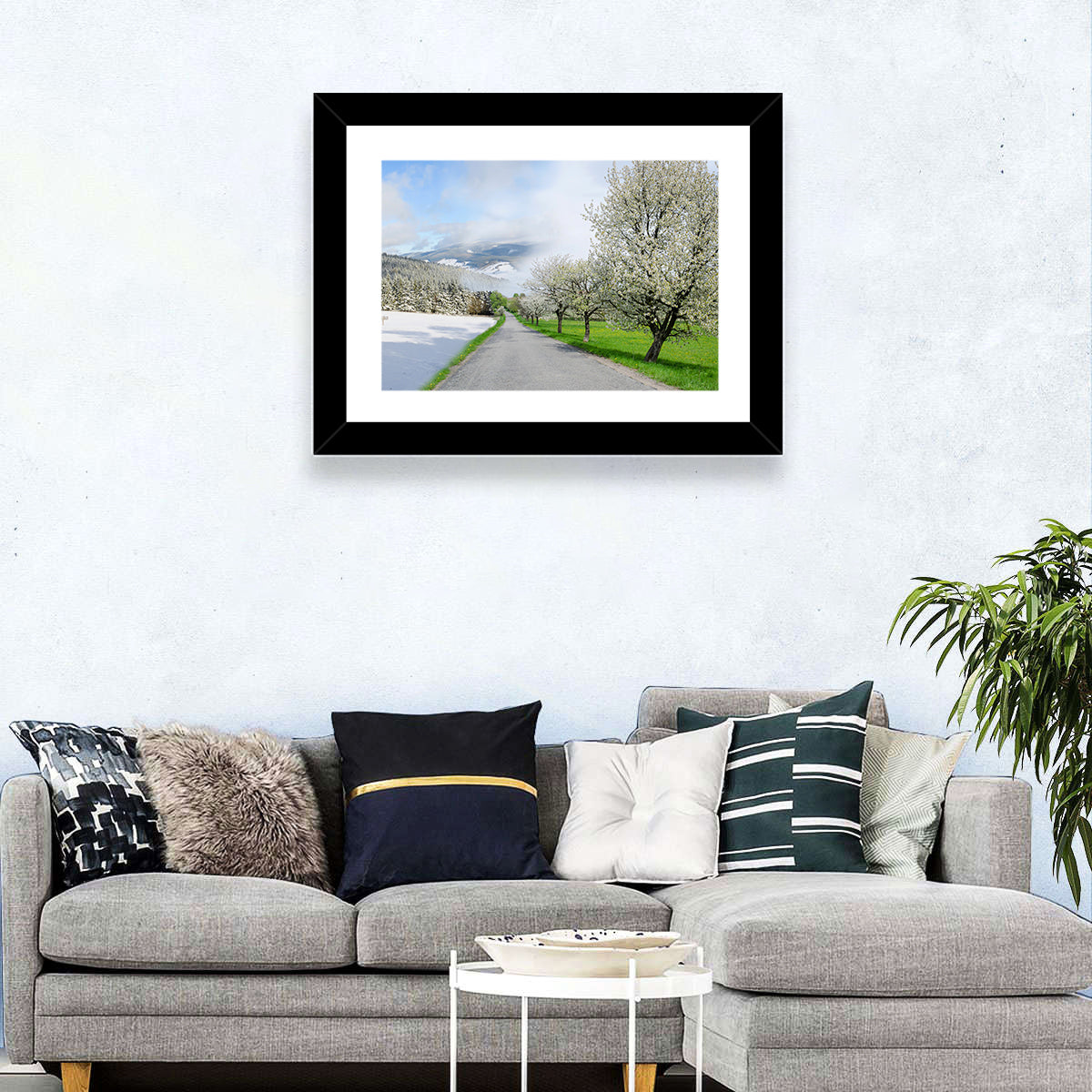 Season Change Road to Snowy Mountain Wall Art in a room, landscape