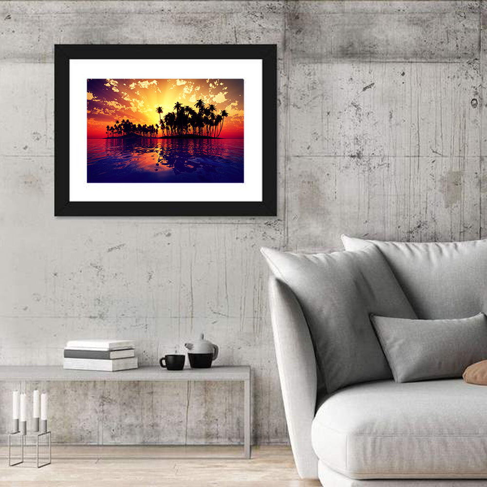 Coconut Island Sunset Wall Art in a room, landscape