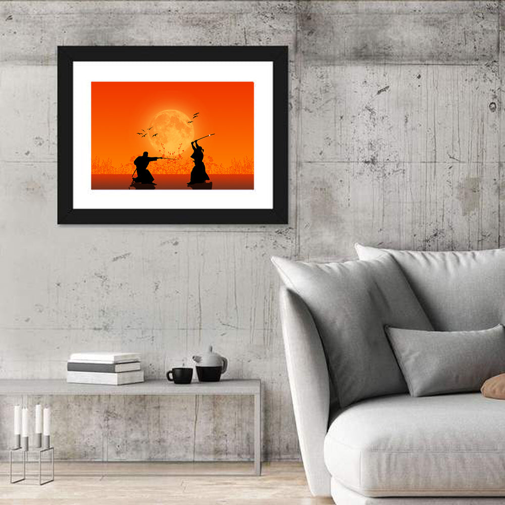 Moonlit Samurai Duel Wall Art in a room, landscape