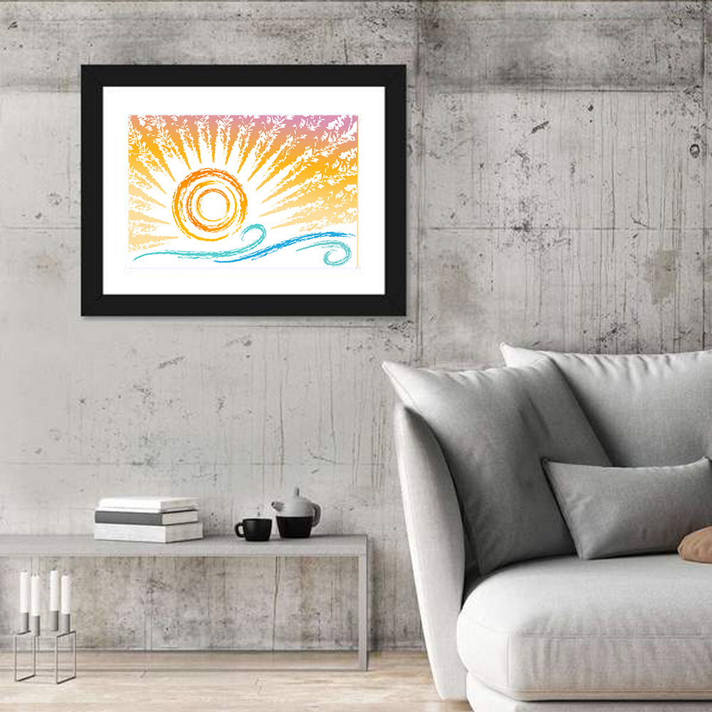 Sun and Waves Illustration Wall Art in a room, landscape