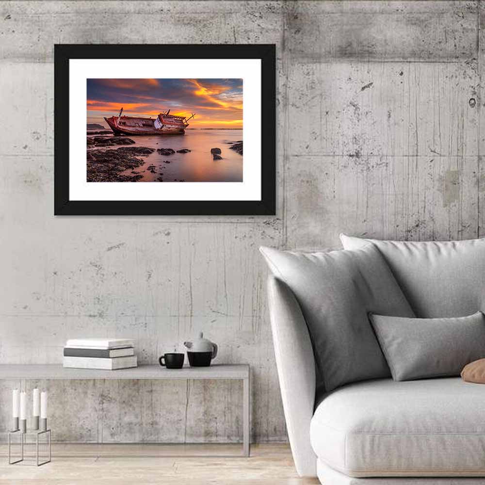 Shipwreck at Sunset Wall Art in a room, landscape