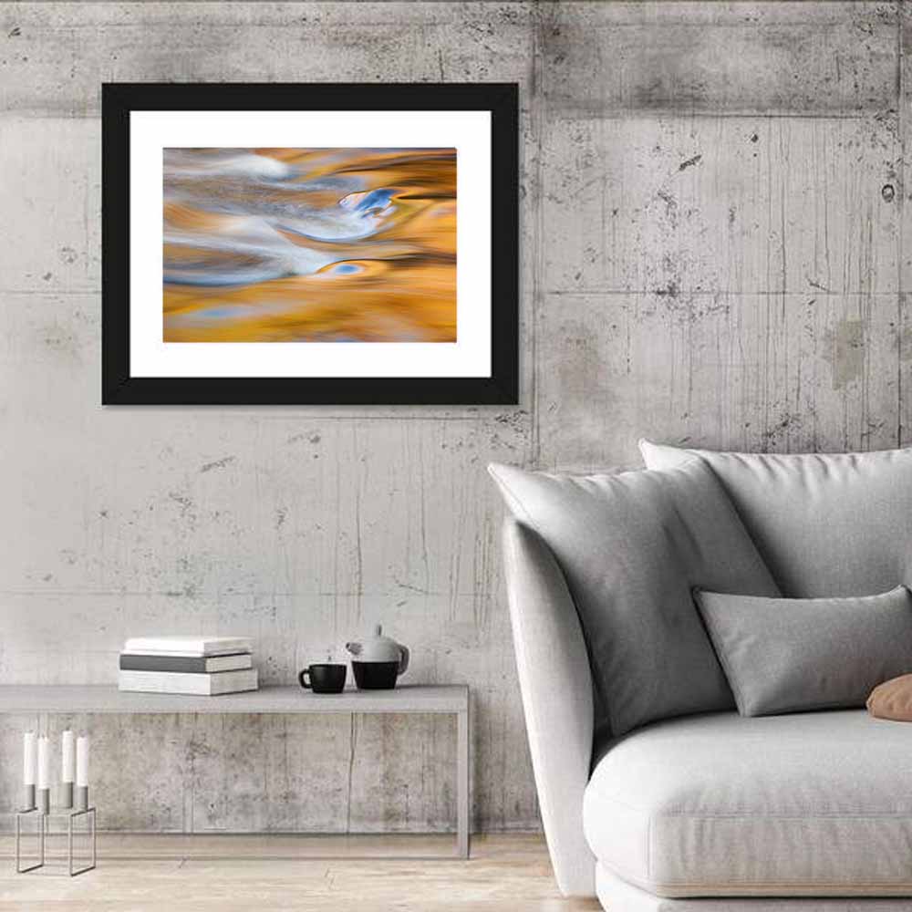 Golden Water Abstraction Wall Art in a room, landscape