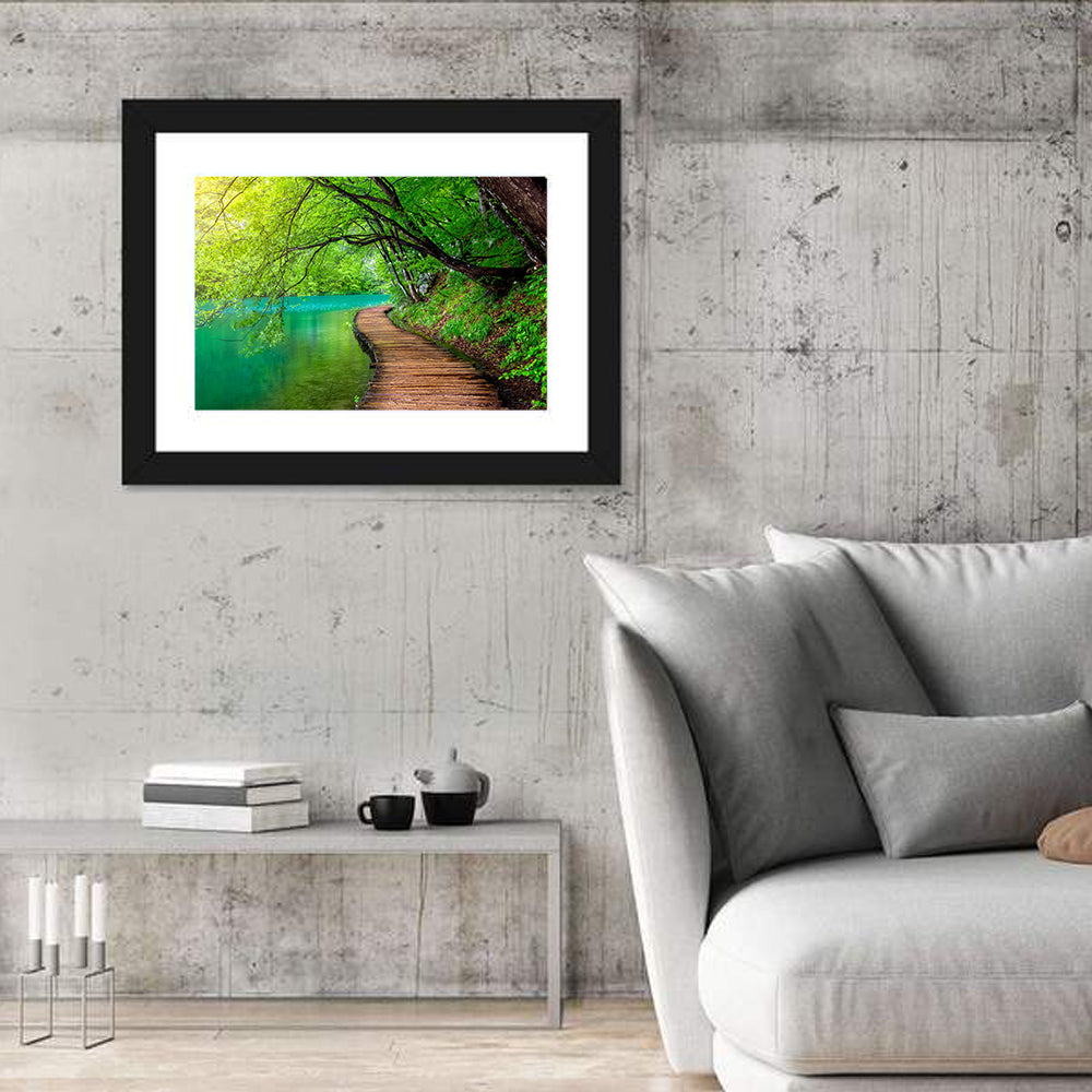 Plitvice Lakes Boardwalk Wall Art in a room, landscape