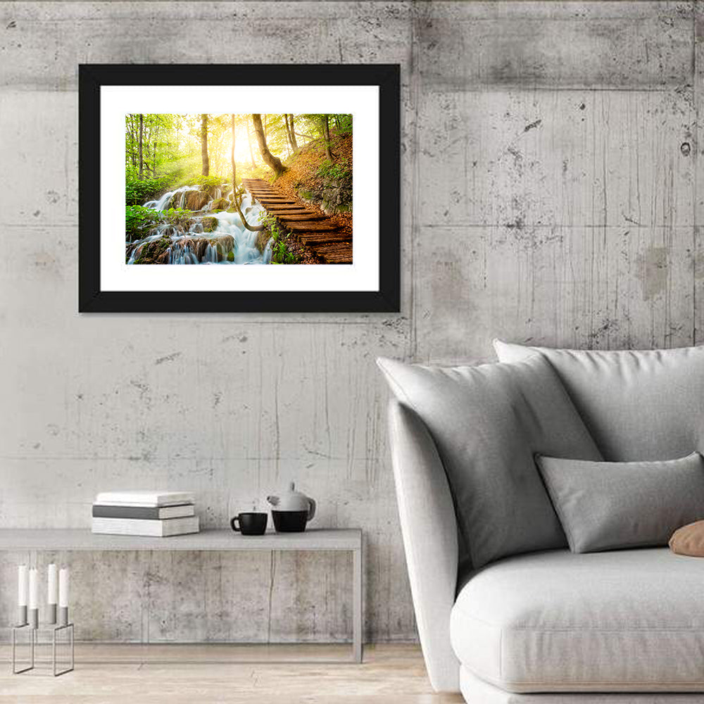 Plitvice Lakes Walkway Wall Art in a room, landscape