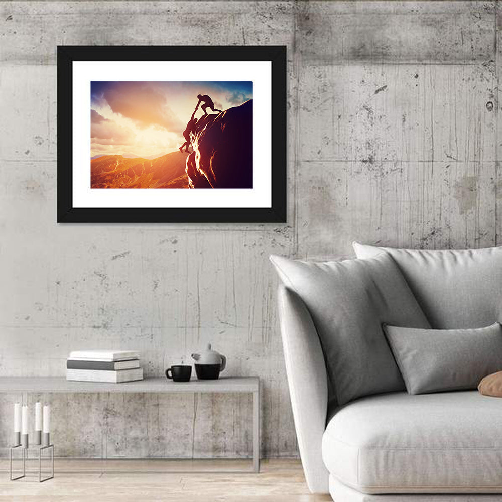 Two Hikers Summit Assist at Sunset Wall Art