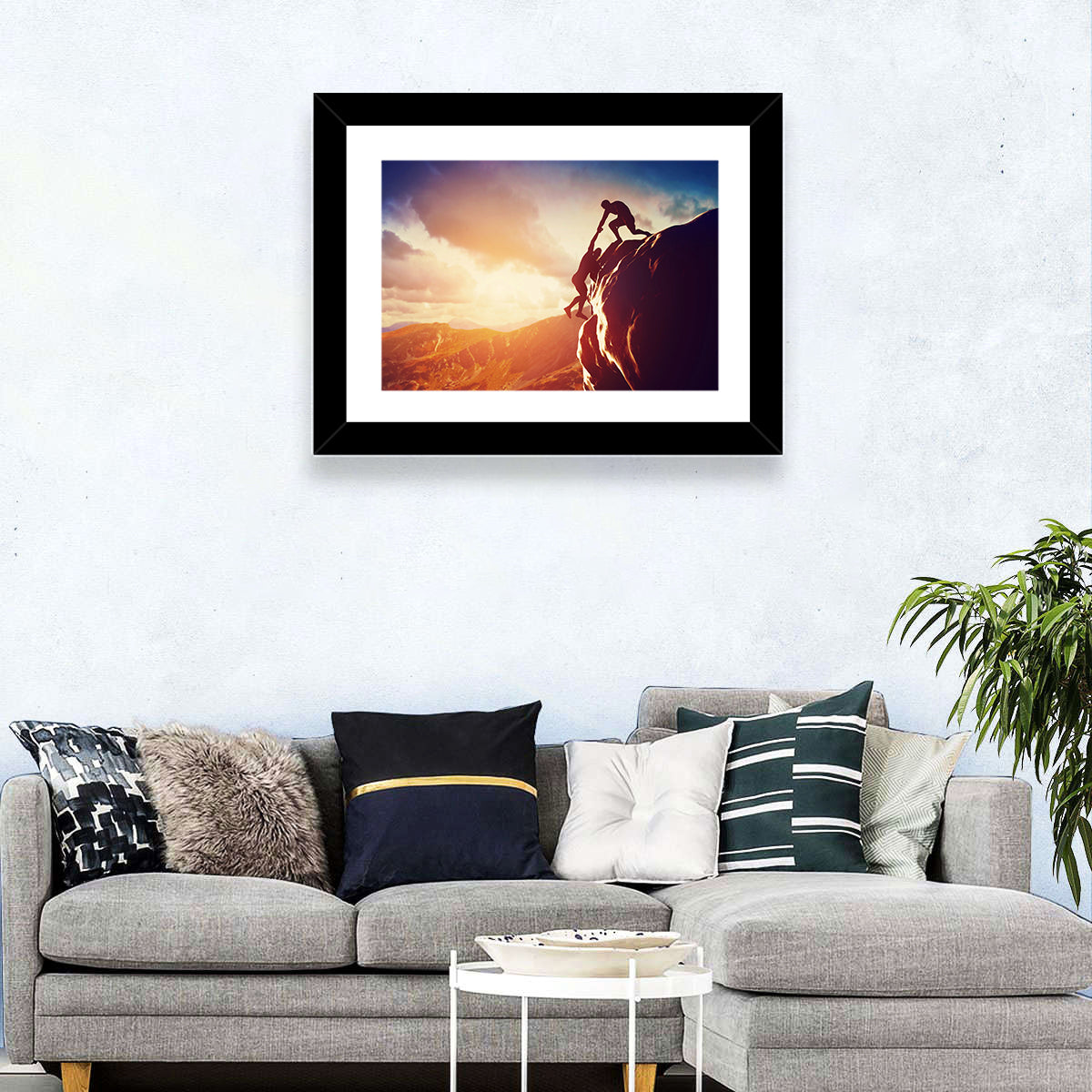 Two Hikers Summit Assist at Sunset Wall Art in a room, landscape