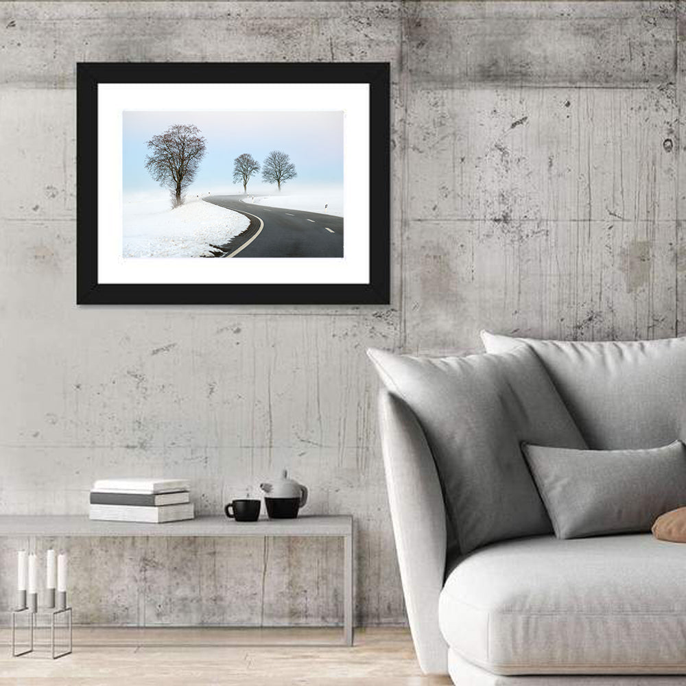 Foggy Winter Road Wall Art in a room, landscape