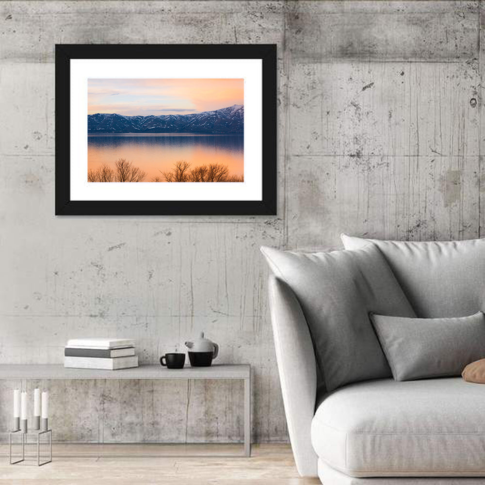 Lake Sevan Golden Dusk Wall Art in a room, landscape