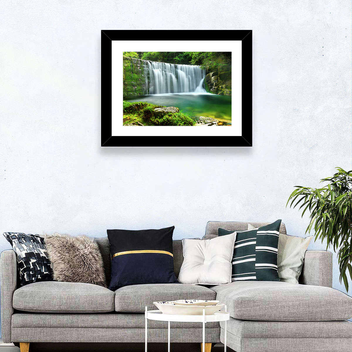 Emerald Forest Waterfall with Mossy Stones Wall Art