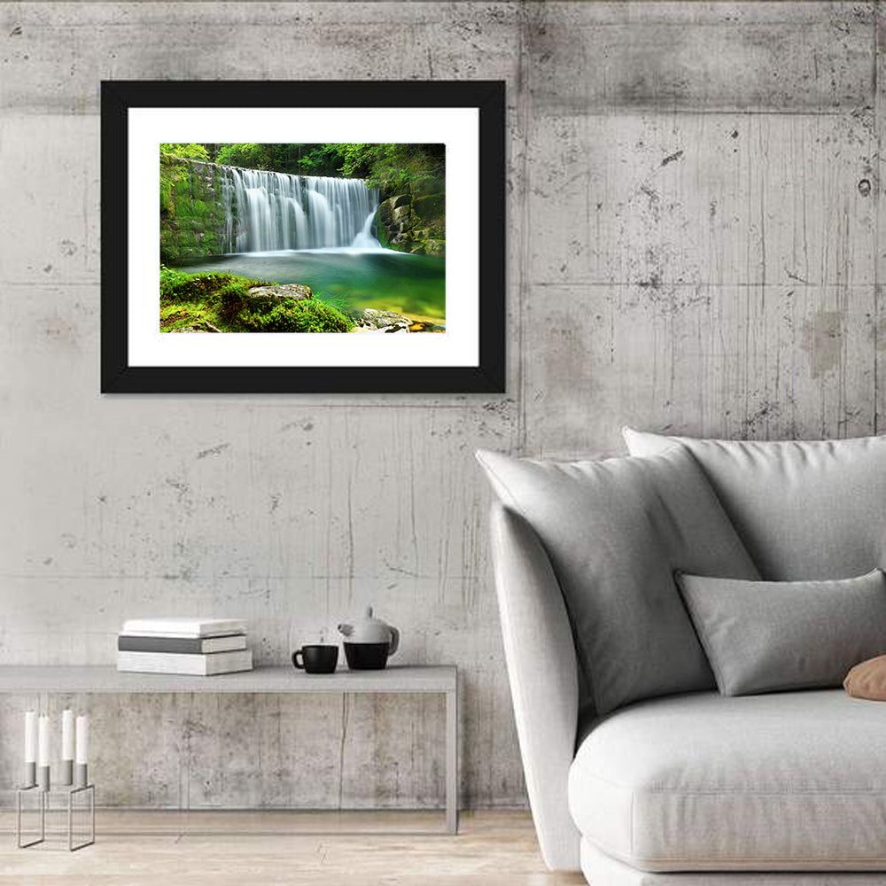 Emerald Forest Waterfall with Mossy Stones Wall Art