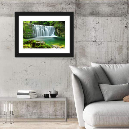 Emerald Forest Waterfall with Mossy Stones Wall Art