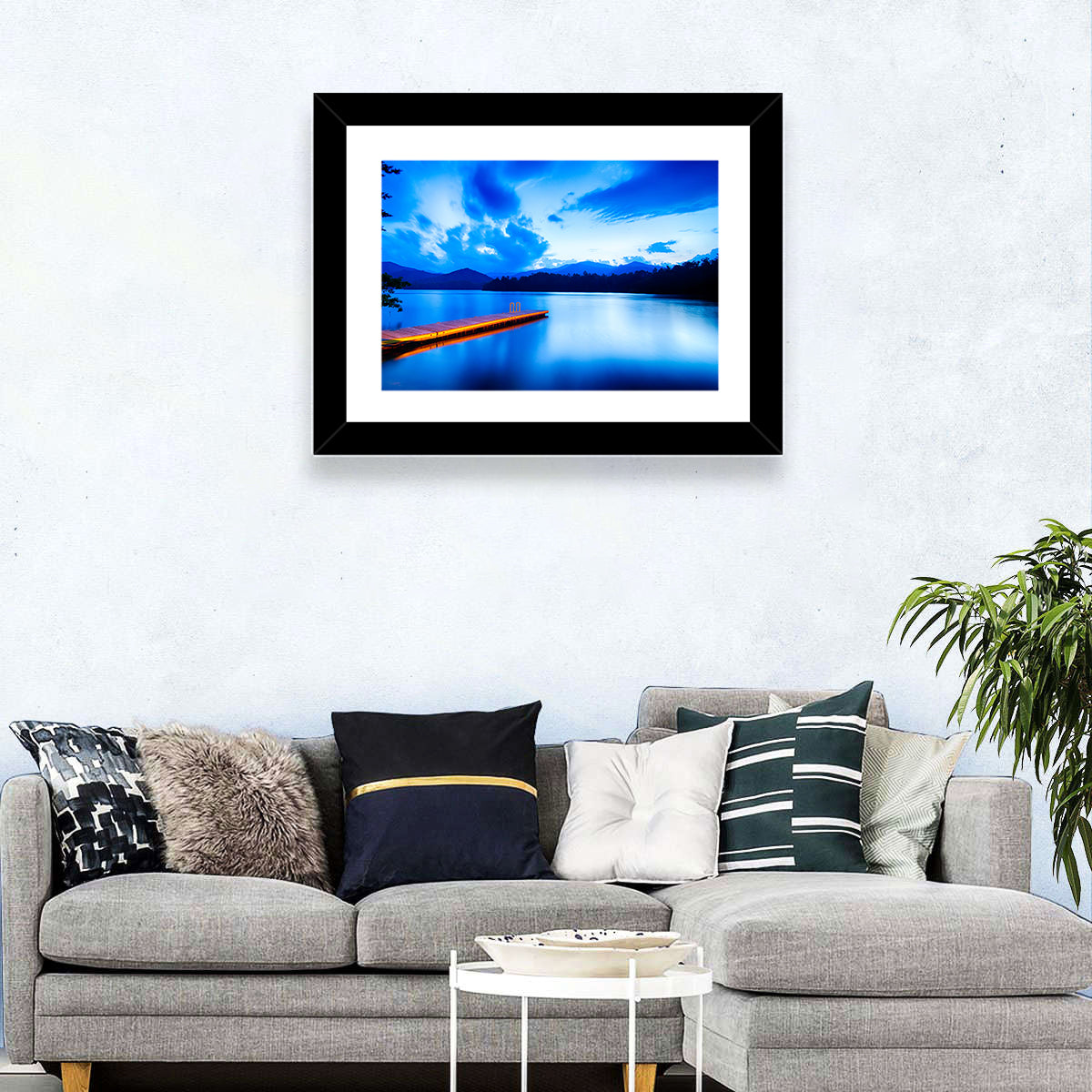 Lake Santeetlah Pier at Dusk Wall Art in a room, landscape