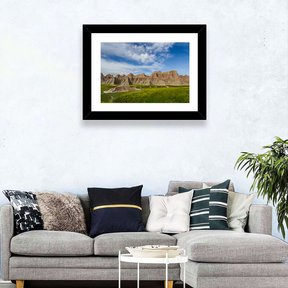 Badlands Meadow and Rock Formations Wall Art in a room, landscape