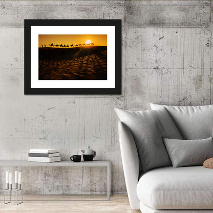 Camel Caravan Silhouette at Golden Sunset Wall Art