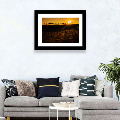Camel Caravan Silhouette at Golden Sunset Wall Art