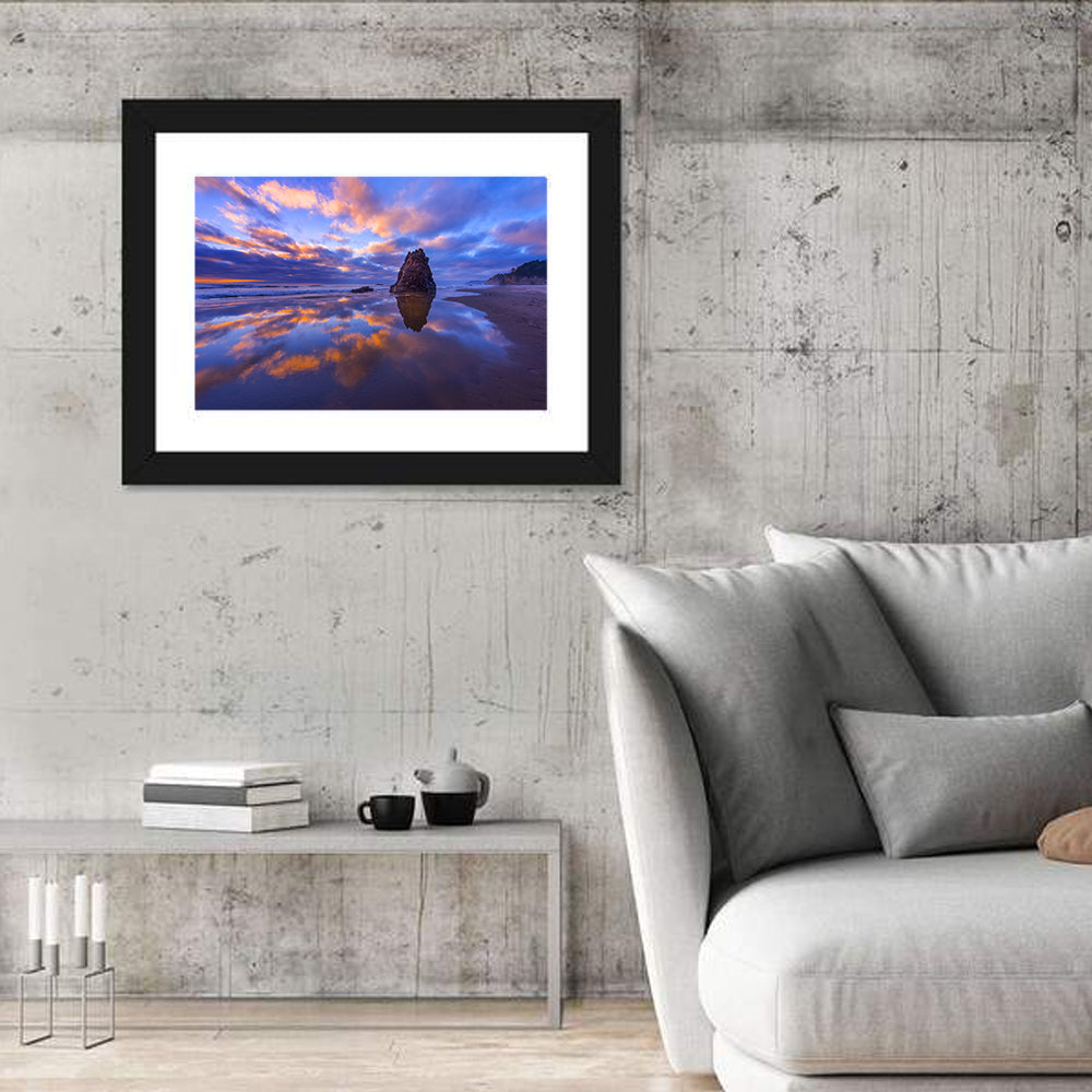 Oregon Coast Sea Stack Sunset Wall Art in a room, landscape