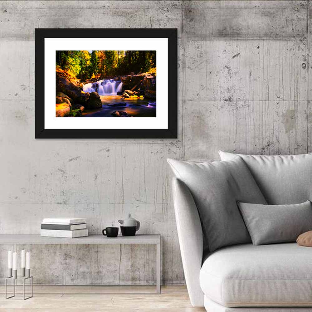 Autumn Mountain Waterfall Wall Art in a room, landscape