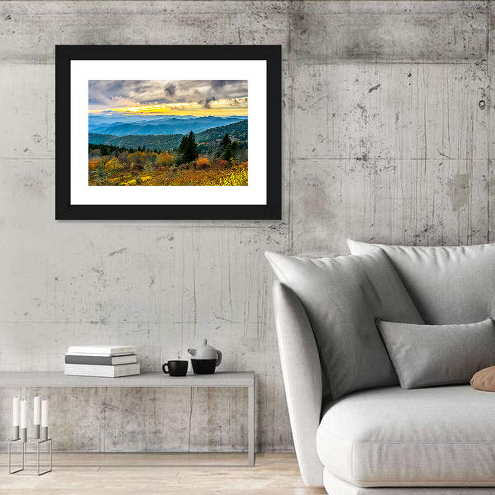 Cowee Mountains Sunset Wall Art in a room, landscape