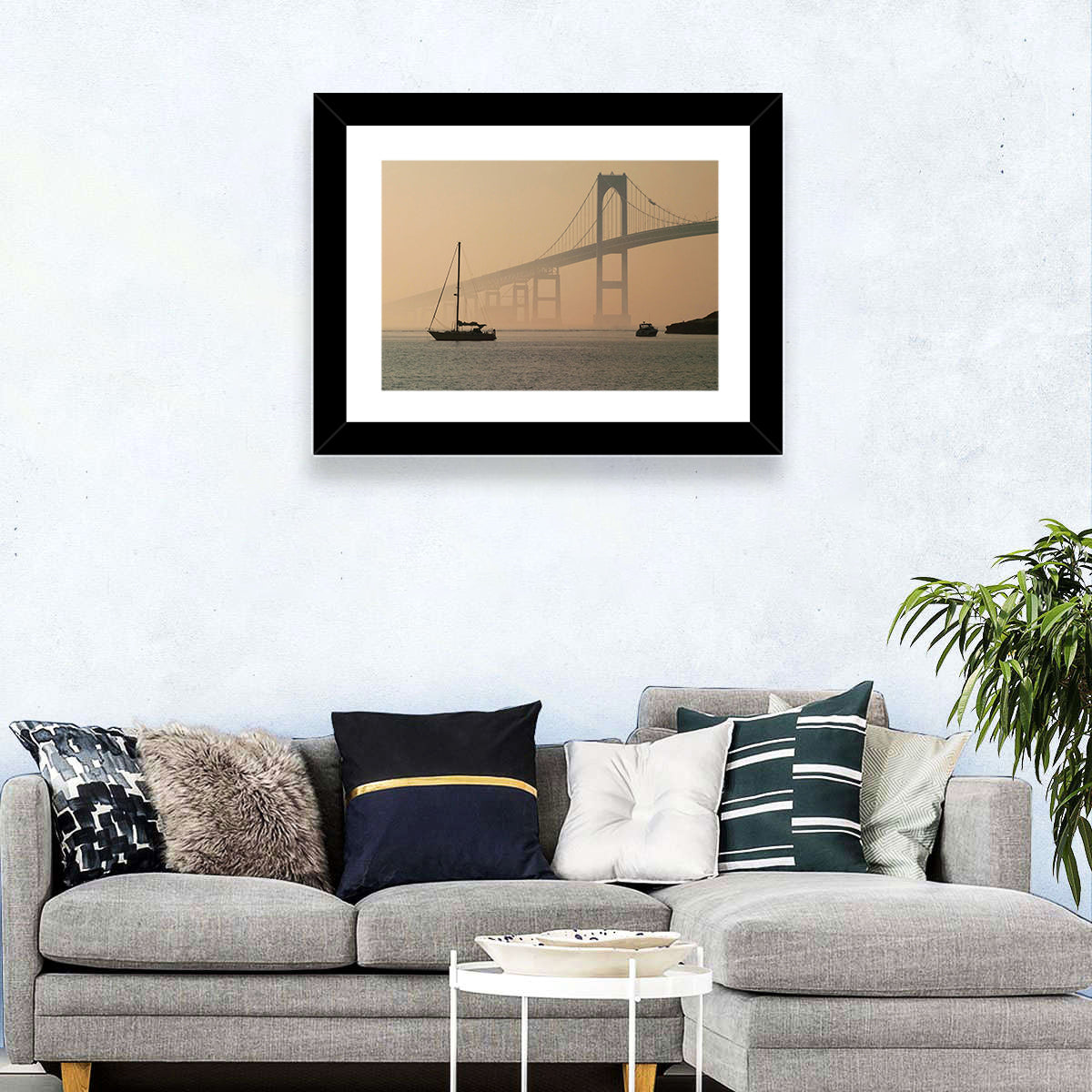 Newport Bridge in Golden Haze Wall Art in a room, landscape