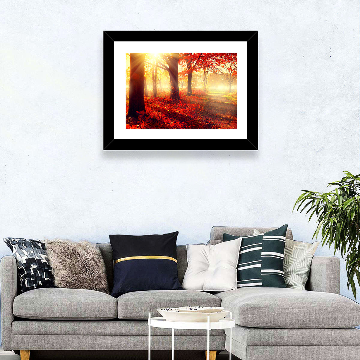 Sunlit Forest Path Wall Art in a room, landscape