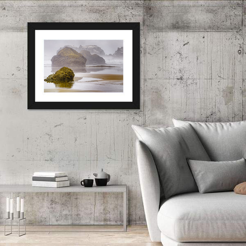Misty Oregon Sea Stacks Wall Art in a room, landscape