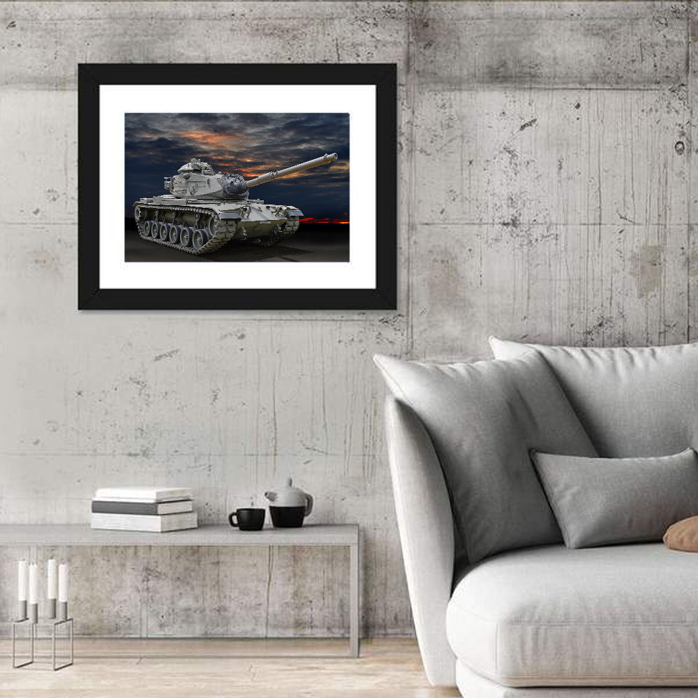 Tracked Tank at Sunset Wall Art in a room, landscape