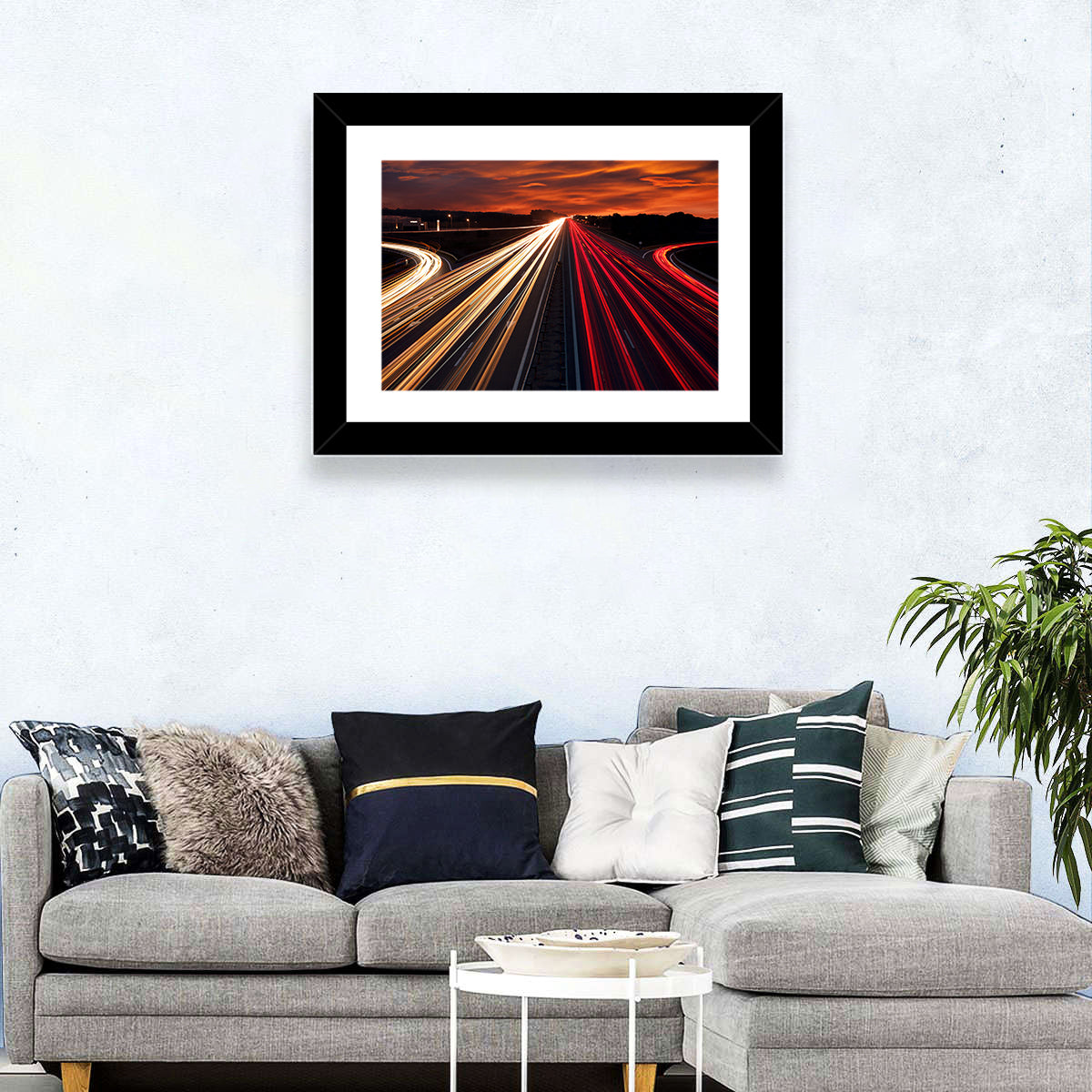 Sunset Highway Light Trails Wall Art in a room, landscape