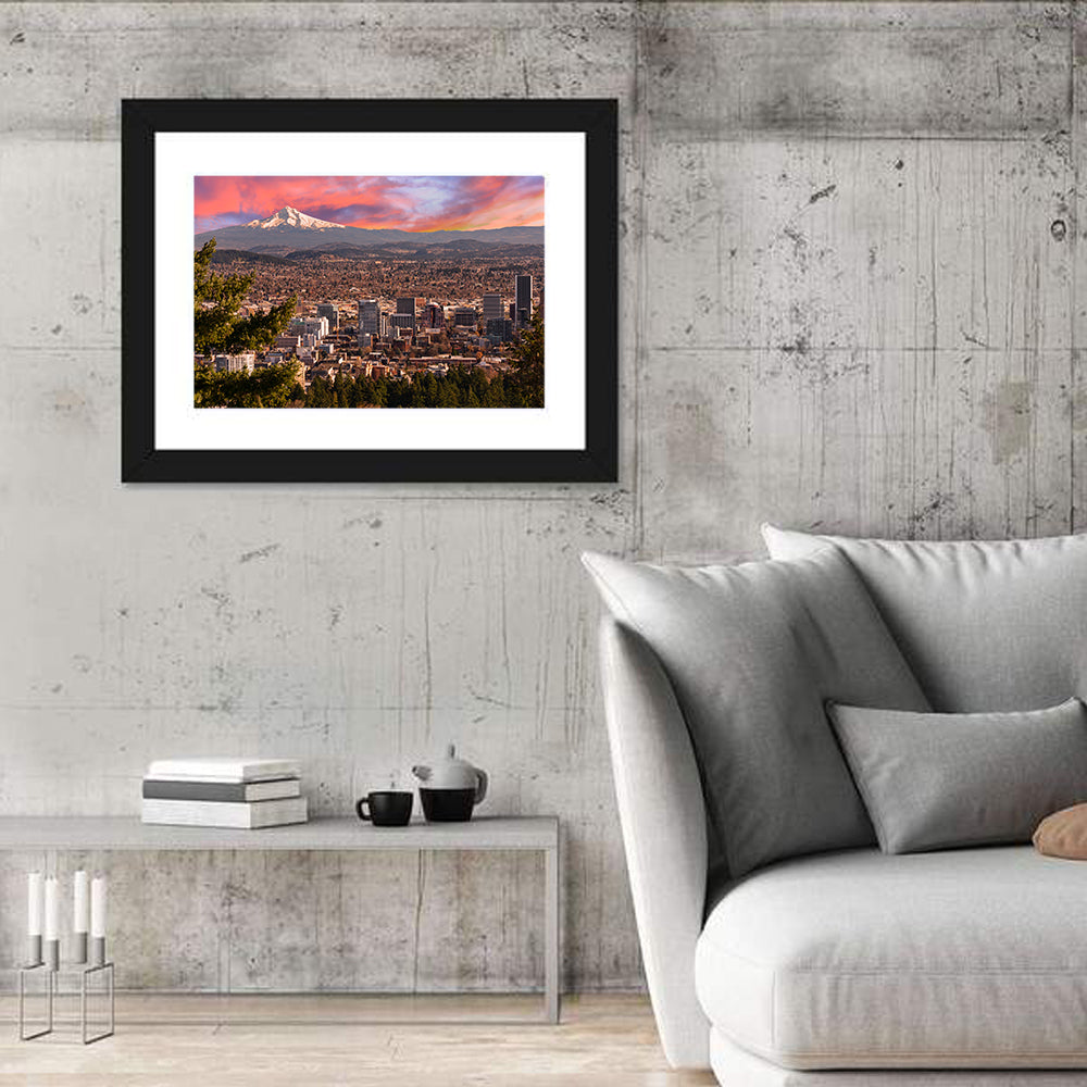 Portland Skyline at Sunset Wall Art in a room, landscape