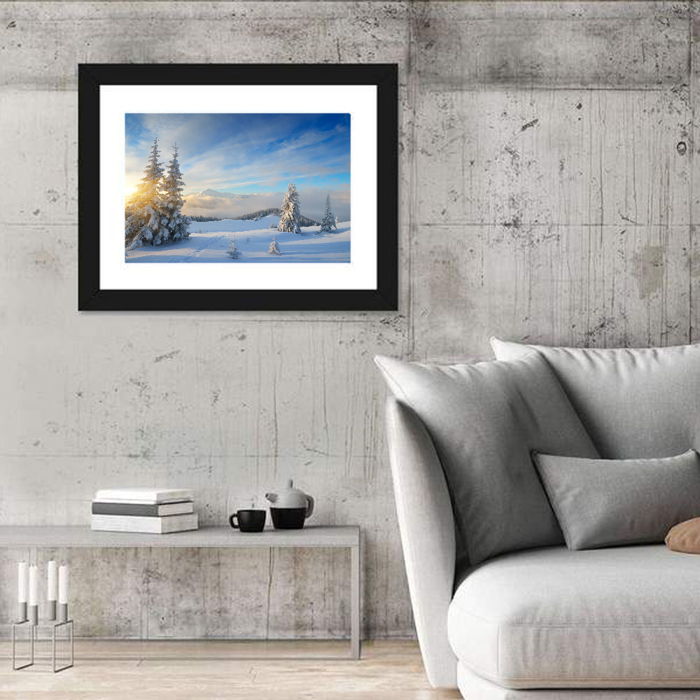 Carpathian Winter Sunrise Wall Art in a room, landscape