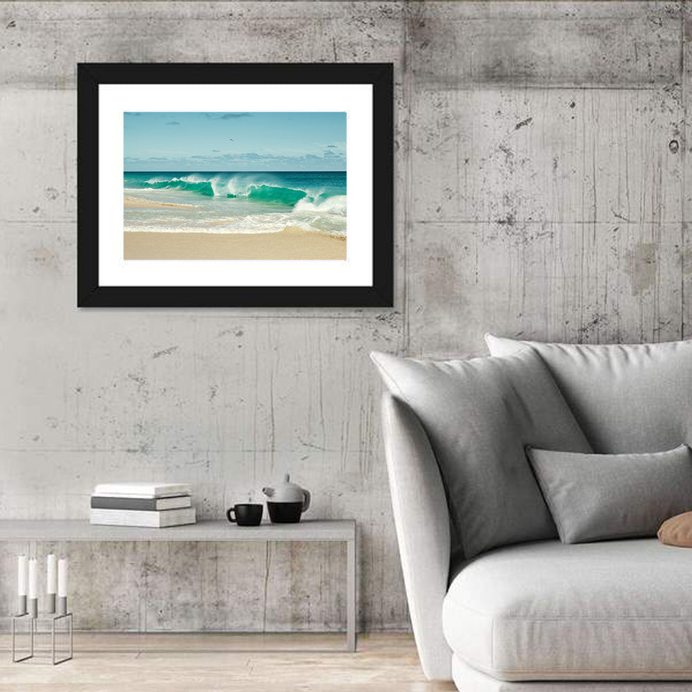 Turquoise Wave on Sandy Beach Wall Art in a room, landscape