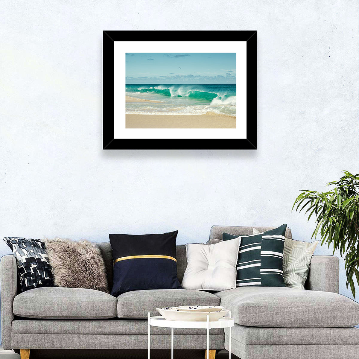 Turquoise Wave on Sandy Beach Wall Art in a room, landscape
