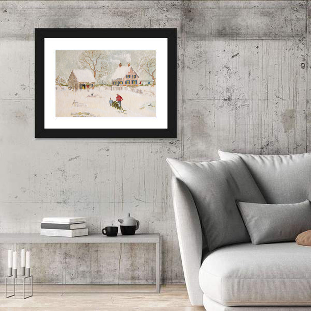 Snowy Farmhouse Illustration Wall Art