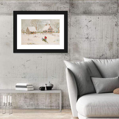 Snowy Farmhouse Illustration Wall Art