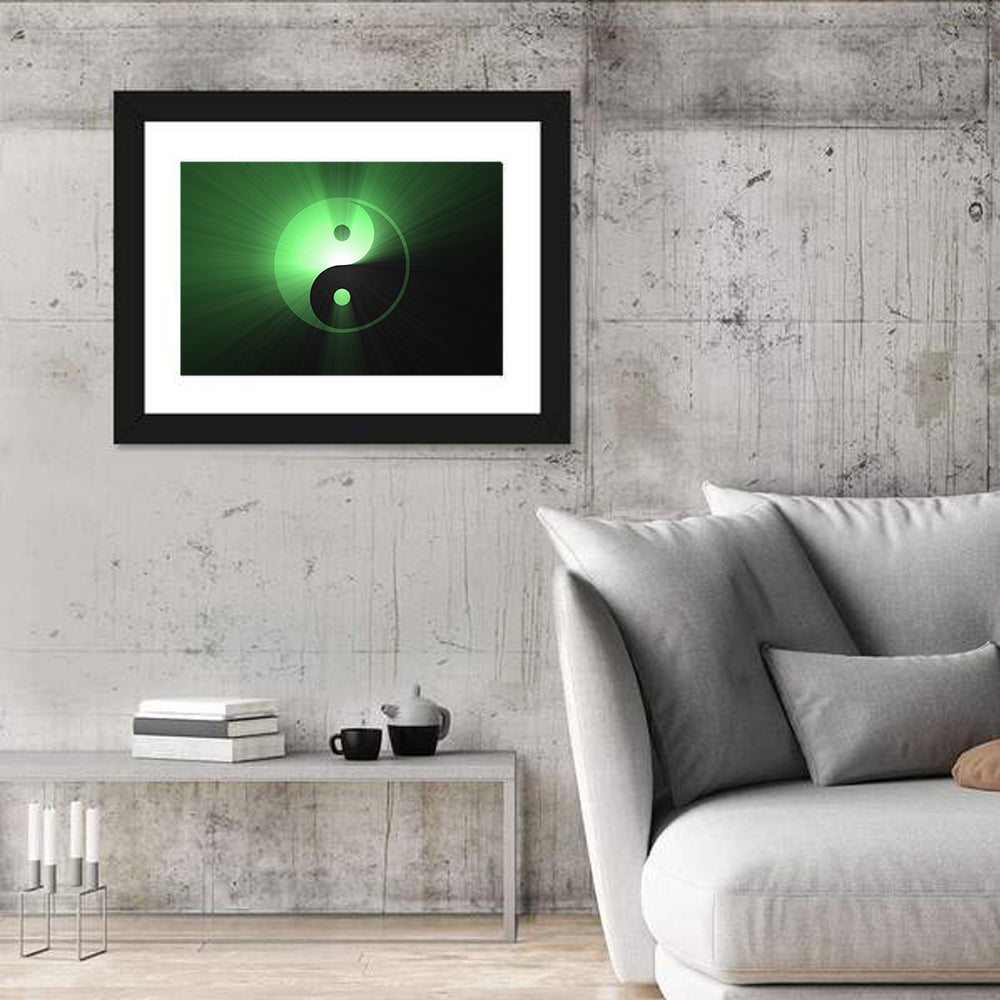 Green Glowing Yin Yang Wall Art in a room, landscape