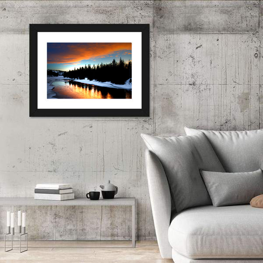 Golden Sunset Over Snowy River Wall Art in a room, landscape