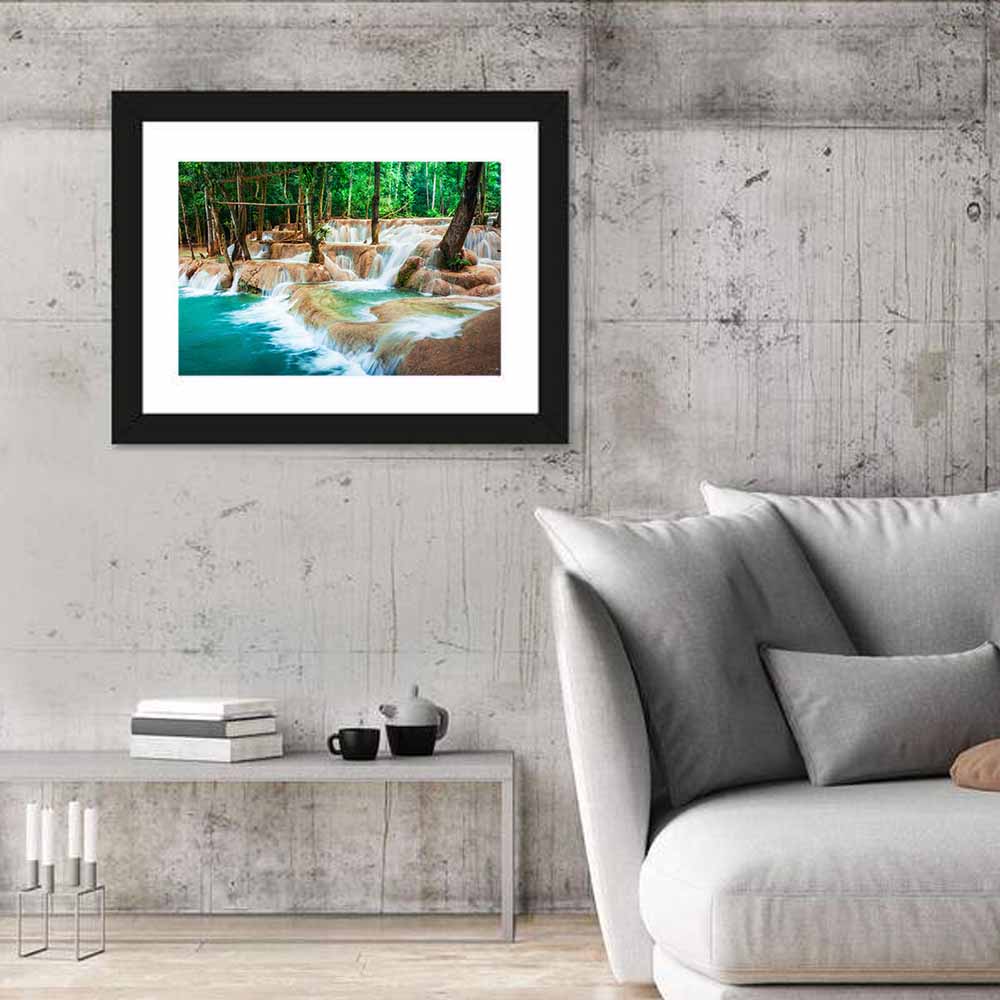 Kuang Si Waterfall Wall Art in a room, landscape