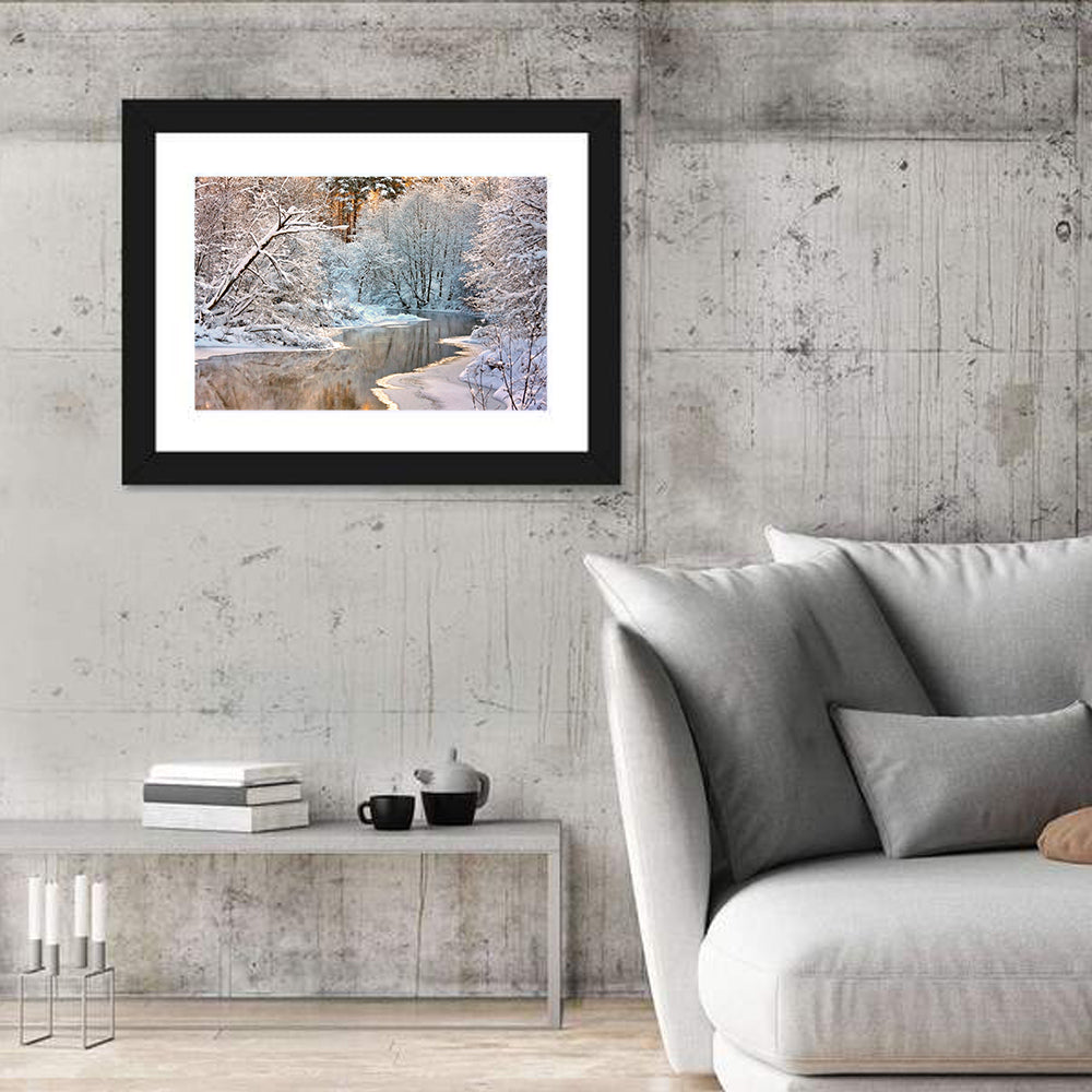 Snow-covered Stream at Golden Hour Wall Art in a room, landscape