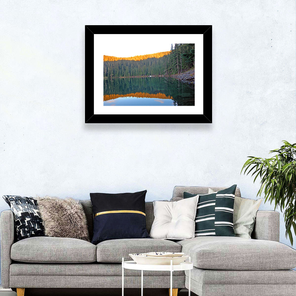 Golden Hour Lake Reflection Wall Art in a room, landscape