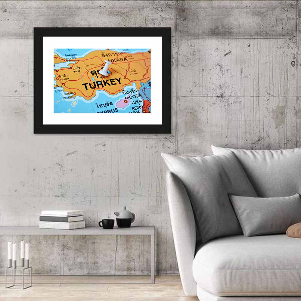 Turkey Map with Ankara Pin Wall Art in a room, landscape