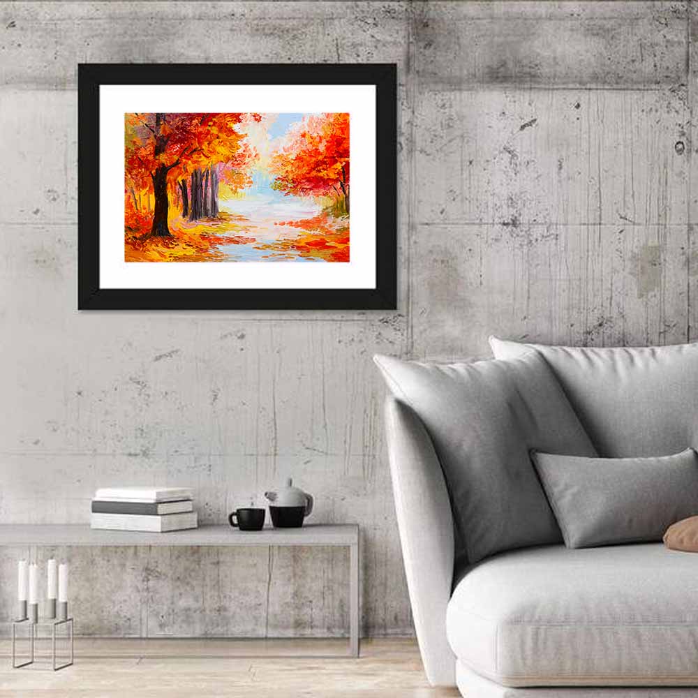 Autumn Forest Pathway Wall Art in a room, landscape