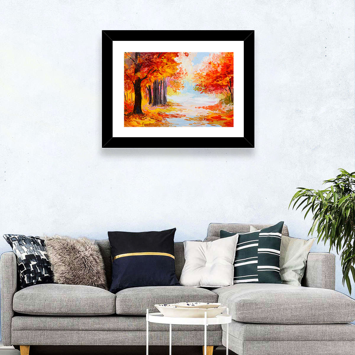 Autumn Forest Pathway Wall Art in a room, landscape