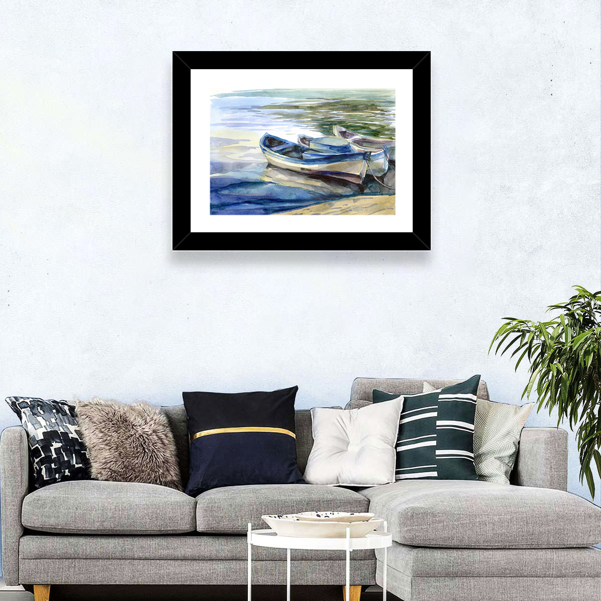 Watercolor Rowboats by the Shore Wall Art in a room, landscape