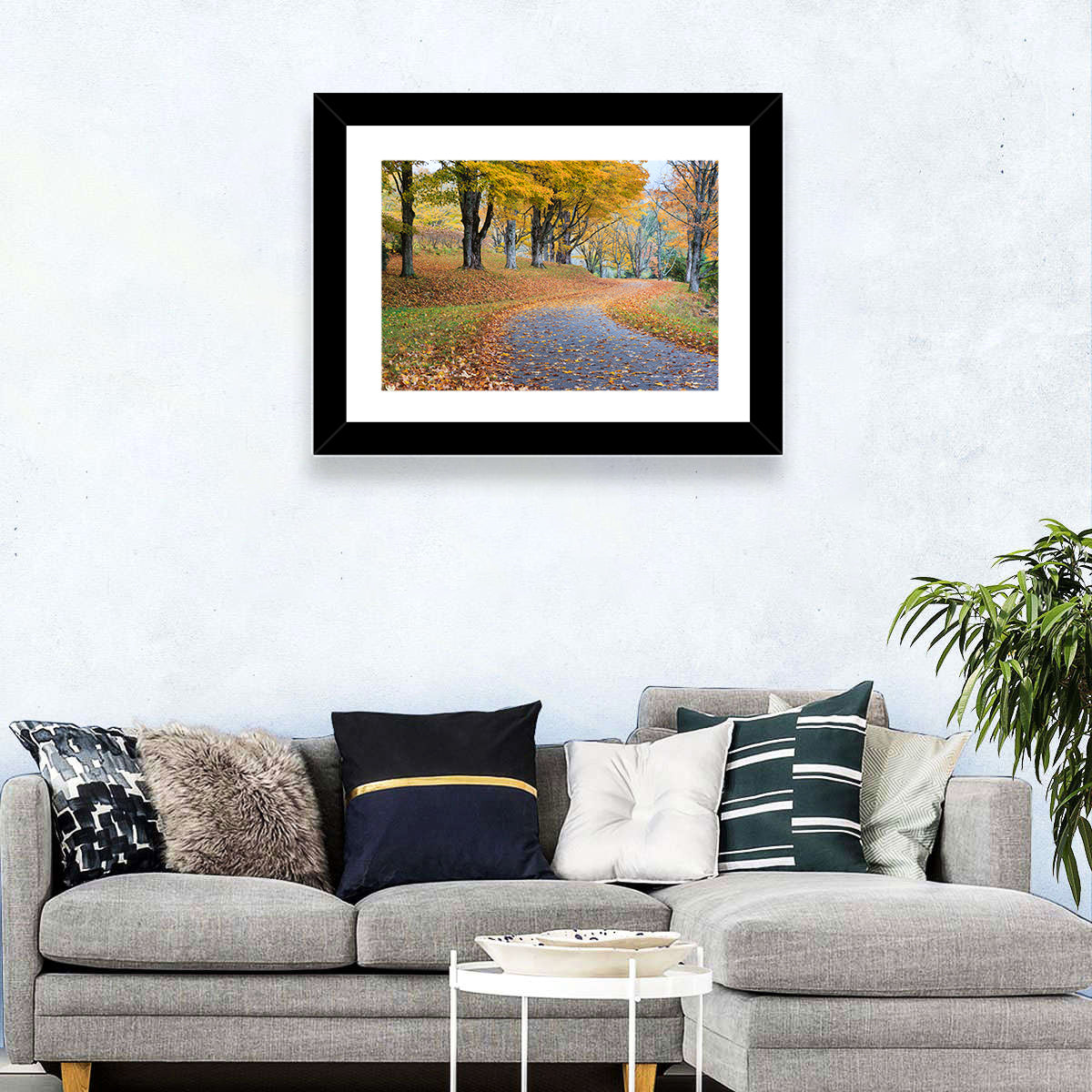 Autumn Road with Golden Canopy Wall Art in a room, landscape