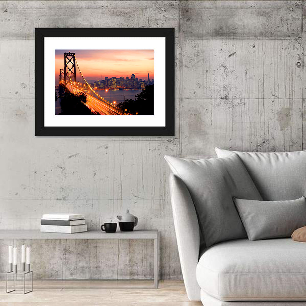 Bay Bridge Light Trails at Sunset Wall Art in a room, landscape