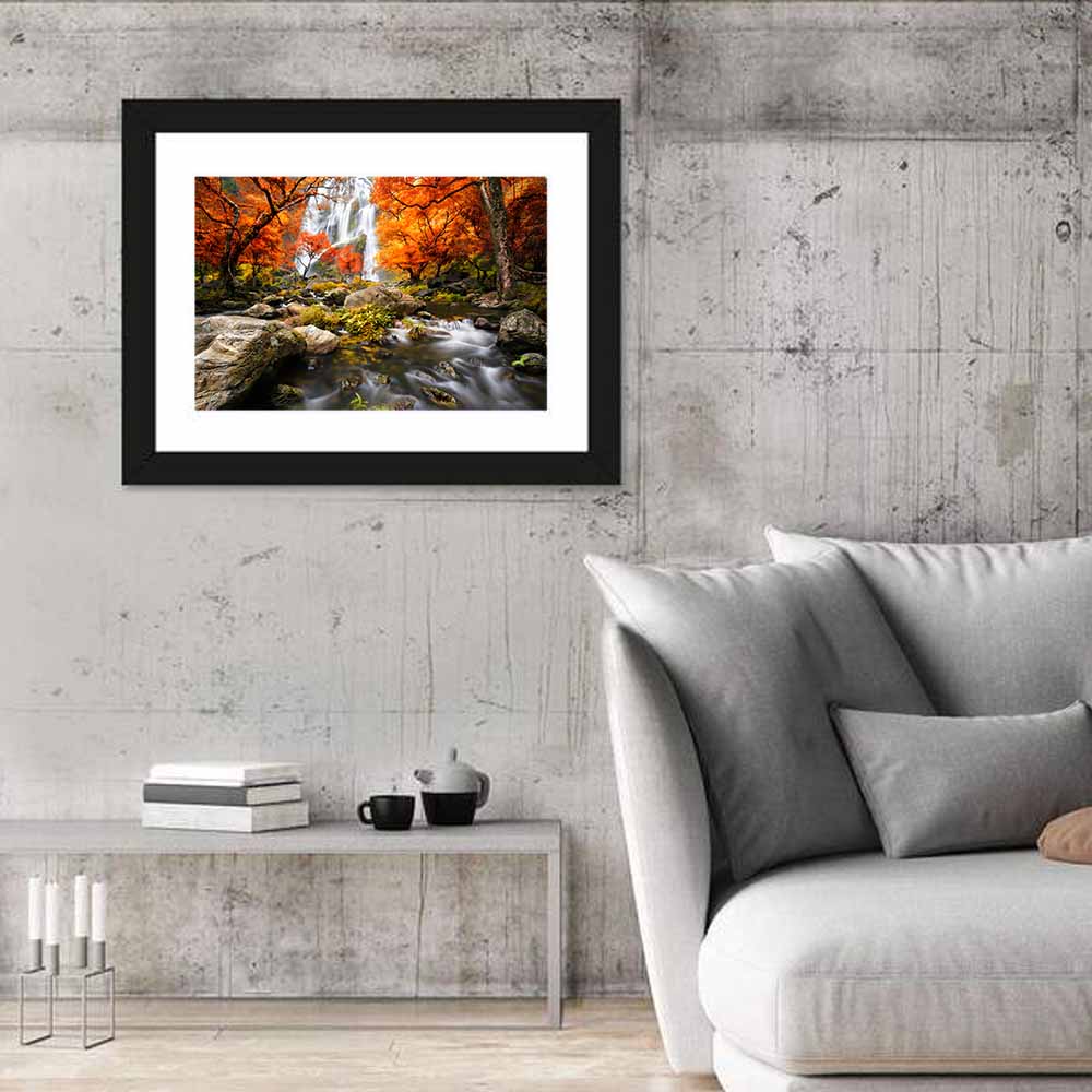 Autumn Forest Waterfall Wall Art in a room, landscape